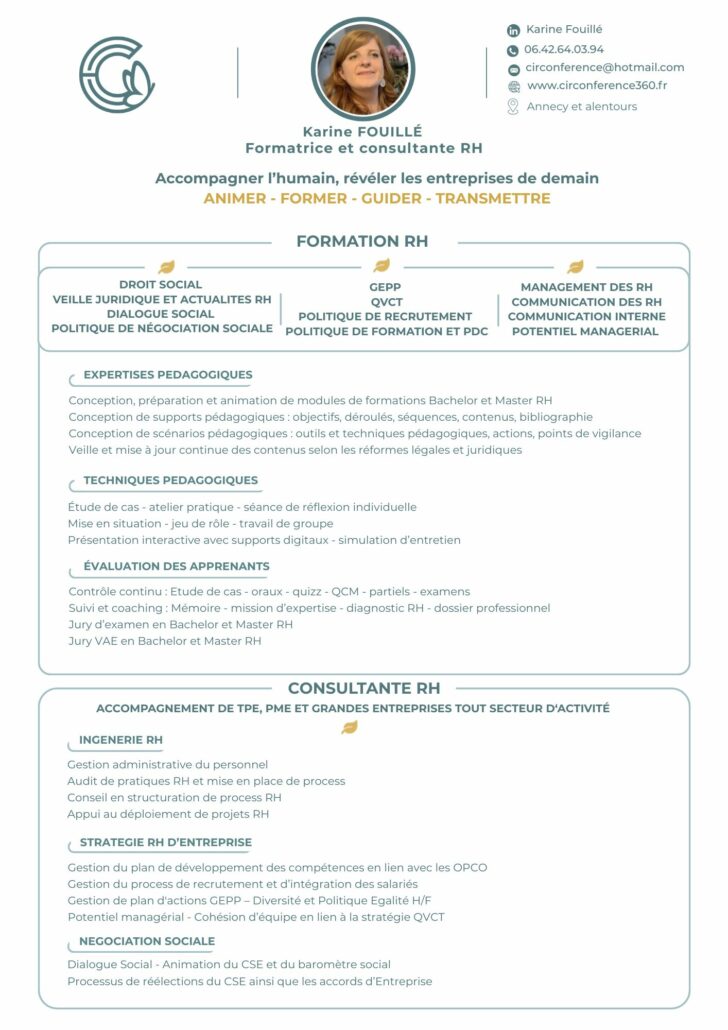 CV Karine Fouillé consultante et formatrice RH et développement personnel Annecy Chambéry Annemasse Genève