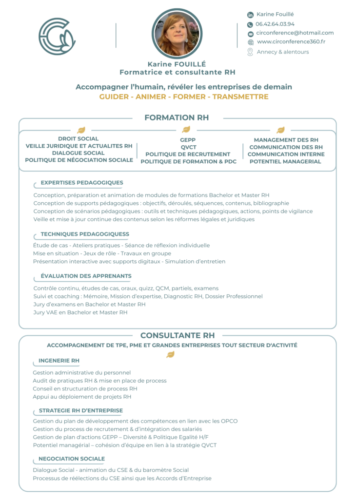 CV Karine Fouillé formatrice et consultante RH Annecy Chambéry Annemasse Genève Lyon